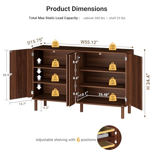 55'' Large Fluted Sideboard Buffet Cabinet, view 3