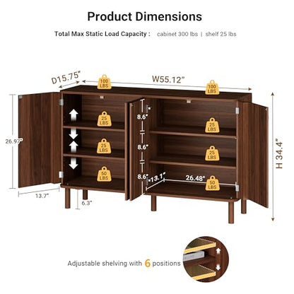 55'' Large Fluted Sideboard Buffet Cabinet, view 3