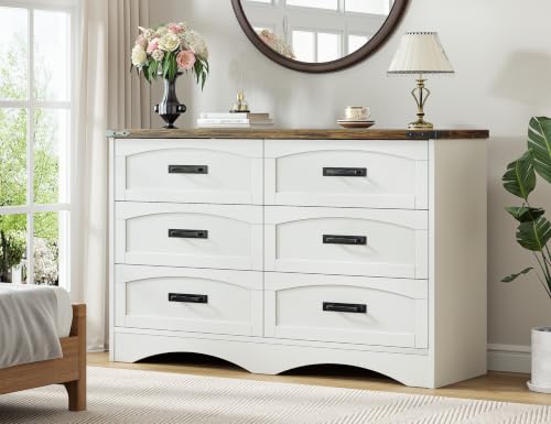47" Farmhouse 6-Drawer Dresser for Bedroom, Pure White + Walnut, view 2