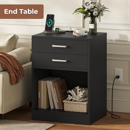 Black Nightstand Set of 2,Bedside Table with Drawers, view 3