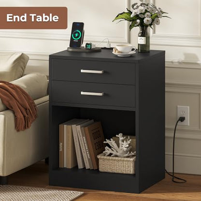 Black Nightstand Set of 2,Bedside Table with Drawers, view 3