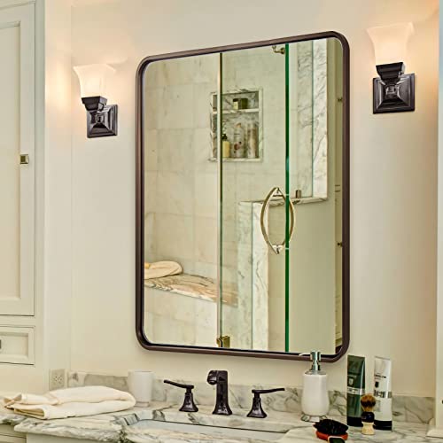 Bronze Bathroom Mirror, 30x36 InchRounded Rectangle Oil Rubbed Bronze Mirror, Bronze Mirrors for Wall Metal Framed, Iron Tube, 1’’ Deep, Wall-Mounted Horizontally/Vertically