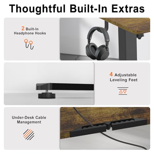 Adjustable Standing Desk, 48x24 Inch Electric Desk with 3 Memory Presets & Child Lock, Ultra-Quiet Motor, T-Leg Steel Frame, Adjustable Feet, for Programmer Workstation,Dark Walnut