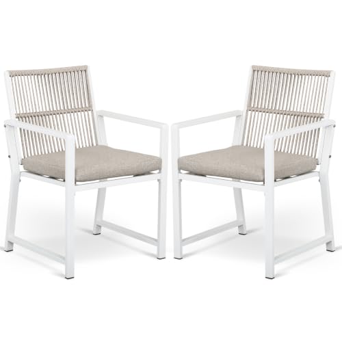 Outdoor Patio Dining Chair, All-Weather Woven Rope Outdoor Chairs Set of 2, Sturdy Steel Frame, 400 lbs, Ergonomic Backrest, Removable Breathable Cushion, for Patio & Garden, White