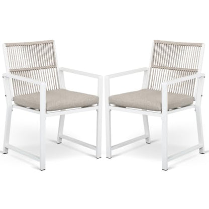 Outdoor Patio Dining Chair, All-Weather Woven Rope Outdoor Chairs Set of 2, Sturdy Steel Frame, 400 lbs, Ergonomic Backrest, Removable Breathable Cushion, for Patio & Garden, White