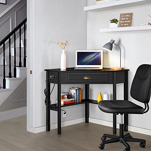 Yaheetech L Shaped Computer Desk Corner Table with Charging Station Outlets for Small Space, 90 Degree Triangle Desk Home Office Table with Drawer and Storage Shelf for Workstation, Living Room, Black