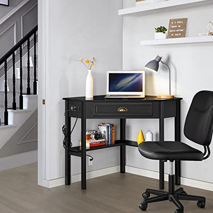 Yaheetech L Shaped Computer Desk Corner Table with Charging Station Outlets for Small Space, 90 Degree Triangle Desk Home Office Table with Drawer and Storage Shelf for Workstation, Living Room, Black