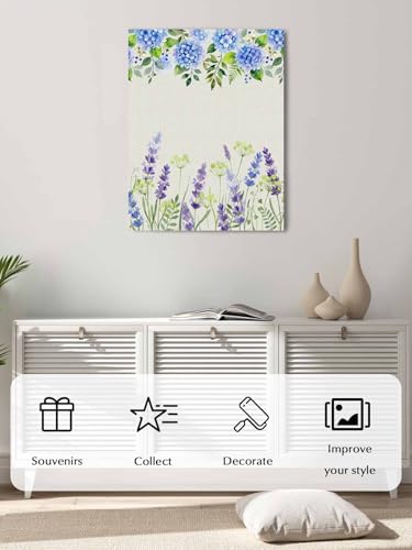 Blue Hydrangea Purple Lavender Canvas Wall Art Prints,48"x32" Framed Picture Artwork Pastoral Flower Leaf Retro Linen Printed Canvas Oil Painting for Living Room Bedroom Office,Ready to Hang