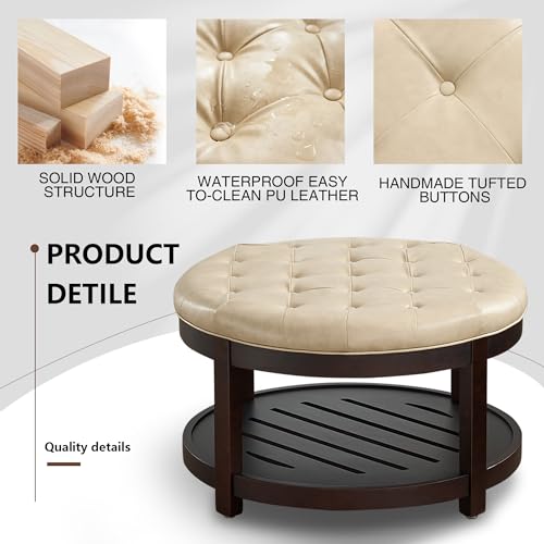 Round Coffee Tables for Living Room,33’’ Storage Ottoman with Wooden Tray, Upholstered Ottoman Footrest, Ivory
