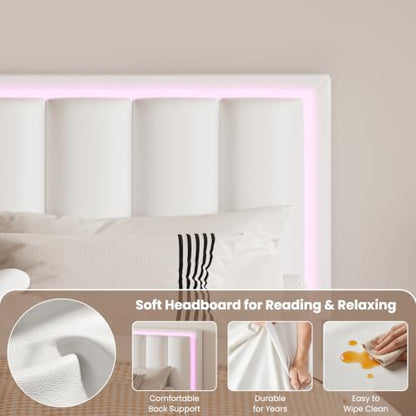 White faux leather platform bed with storage drawers and LED lights, view 4