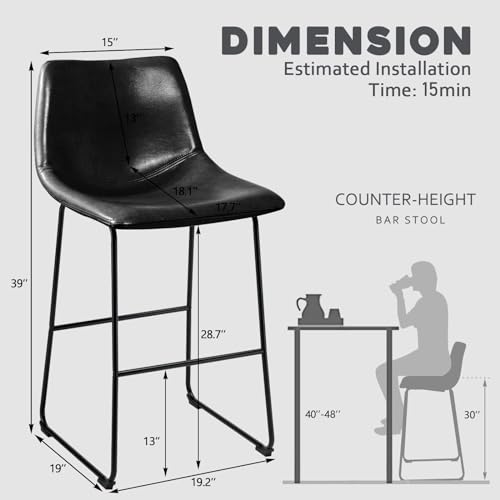 Waleaf 30 inch Bar Stools Set of 4,Counter Height Bar Stools with Back, Modern PU Leather Stools with Metal Leg and Footrest (Black, 4 Pcs 30" Counter Height Barstools)