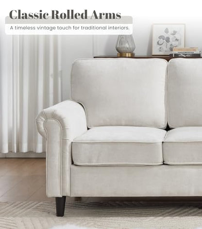 3 Seater Couch, Mid Century Modern Sofa with Rolled Arms and Deep Seats, Fluffy Comfort for Living Room, Apartment, Easy Assembly, Beige