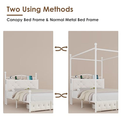 Queen Upholstered Canopy Bed Frame with 2 Drawers & Crystal Tufted Storage, view 6