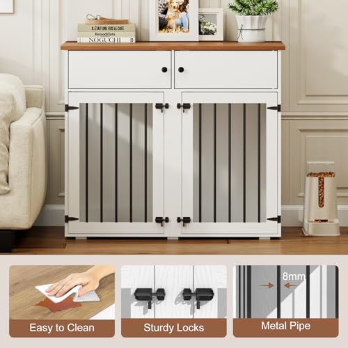 Dog Crate Furniture for 2 Dogs, 41 Inch Double Dog Cage, White, view 6