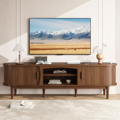 69" Fluted TV Stand for TVs Up to 80" with Charging Station, Walnut, view 7