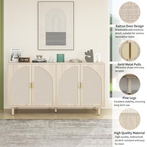 Sideboard Buffet Cabinet with Storage - Rattan 4 Door Cabinet, Accent Storage Cabinet with Cane Door, Boho Wood Credenza for Living Room, Kitchen (Beige)