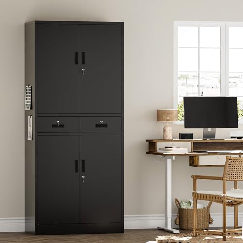 Metal Storage Cabinet, 71" Garage Storage Cabinet with 2 Locking Drawers and 2 Adjustable Shelves, Black Tool Cabinet, Lockable File Steel Cabinet for Home, Office, Gym, School