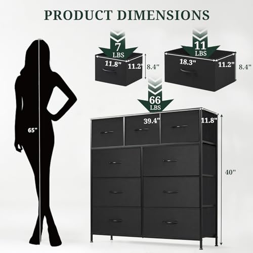 9-Drawer Dresser for Bedroom, Anti-Tip Tall Storage Organizer Chest of Drawers with Wooden Top and Metal Frame Fabric Bins for Closet, Living Room, Hallway, Entryway, Black