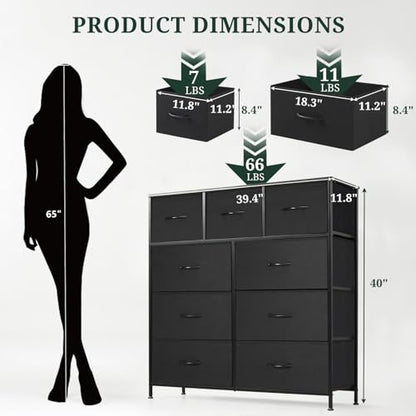 9-Drawer Dresser for Bedroom, Anti-Tip Tall Storage Organizer Chest of Drawers with Wooden Top and Metal Frame Fabric Bins for Closet, Living Room, Hallway, Entryway, Black