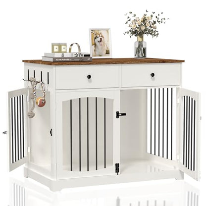 40" Dog Crate Furniture, Farmhouse Wooden Pet Kennel w/Drawer, view 2