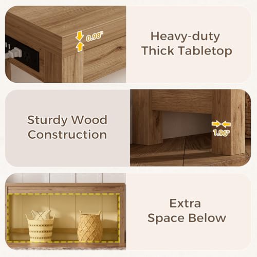 63" Console Table with Charging Station, 13.8" Deep Farmhouse Sofa Table Behind Couch with 2 AC Outlets & 3 USB Ports, Long Entryway TV Console or Home Office Desk, Natural Oak