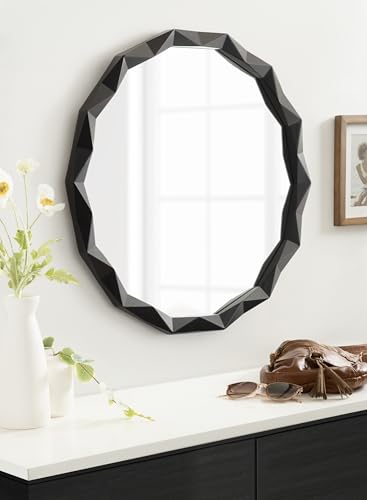Endicott Modern Geometric Round Wall Mirror; 26 Inch Diameter; Black; Transitional Faceted Wood Circle Mirror for Use as Bathroom Mirror for Over Sink or Cute Nursery Mirror