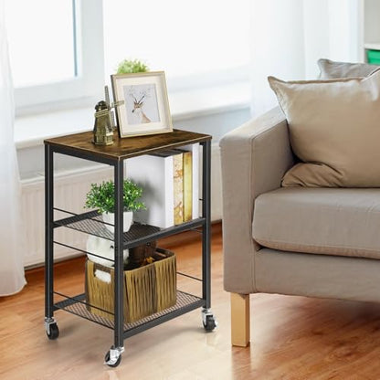 Side Table Small with Wheels Industrial Night Stand Storage Shelf 3 Tier Wood End Table with Metal Frame for Small Space Living Room Bedroom Kitchen Office
