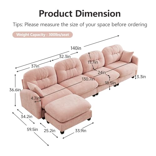 Cloud Couches for Living Room, Modular Sectional Sofa, 140" L-Shape Modular Couch with Movable Ottoman, Oversized Sectional Couch with Deep Seat, Pink