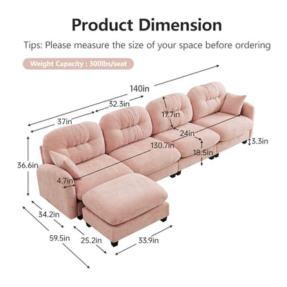 Cloud Couches for Living Room, Modular Sectional Sofa, 140" L-Shape Modular Couch with Movable Ottoman, Oversized Sectional Couch with Deep Seat, Pink