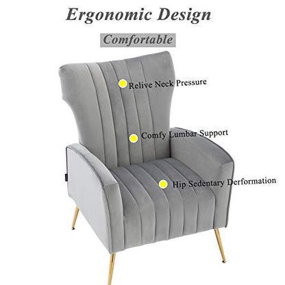 Curved Tufted Accent Chair with Metal Gold Legs Velvet Upholstered Arm Club Leisure Modern Chair for Living Room Bedroom Patio, Grey