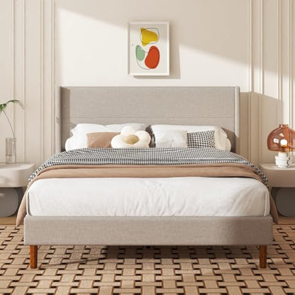 Queen Size Linen Platform Bed Frame with Wingback Upholstered Headboard, view 2