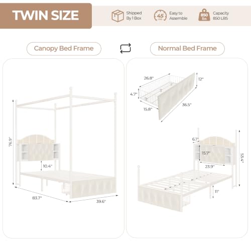 Twin Size Upholstered LED Canopy Bed Frame with 2 Drawers and & Charging Station, view 3