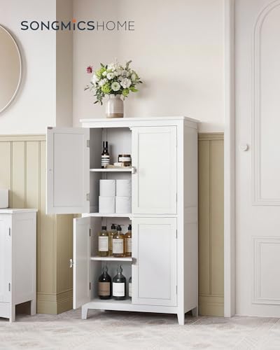 Freestanding Storage Cabinet, Floor Cabinet with Elevated Legs, Metal Handles, for Living Room, Kitchen, Bathroom, White