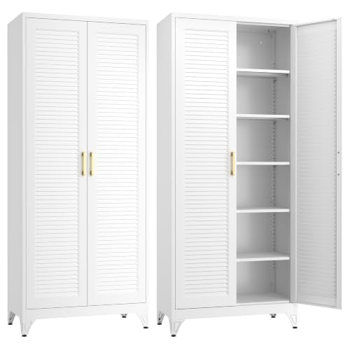 Kitchen Pantry Cabinet,75" Metal Storage Cabinet with Doors and 5 Adjustable Shelves,White Tall Locker Organizer Steel Garage Cabinets for Tool,File Cabinet for Office,Kitchen,Garage,School