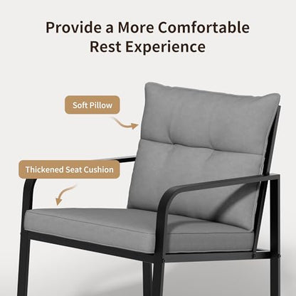 3 Piece Rocking Bistro Set, Black Steel Patio Furniture, Porch Chairs Conversation Set with Glass Coffee Table, Back Cushion, for Balcony, Garden, Deck, Backyard, Grey