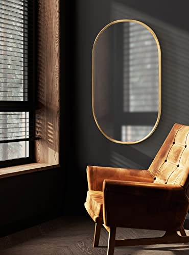 Caskill Modern Rounded Capsule Hanging Wall Mirror; 22 x 34; Gold; Glam Round Rectangular Narrow Mirror for Wall