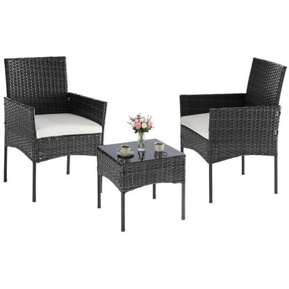 3-Piece Patio Furniture Set, Outdoor Wicker Rattan Chairs with Removable Cushion & Tempered Glass Table, Conversation Set Furniture for Porch, Balcony, Deck - Black