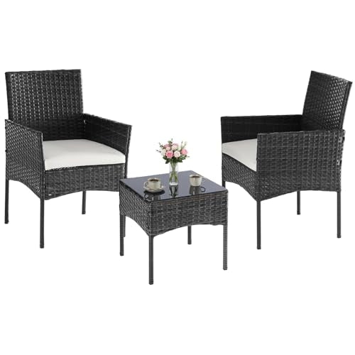 3-Piece Patio Furniture Set, Outdoor Wicker Rattan Chairs with Removable Cushion & Tempered Glass Table, Conversation Set Furniture for Porch, Balcony, Deck - Black