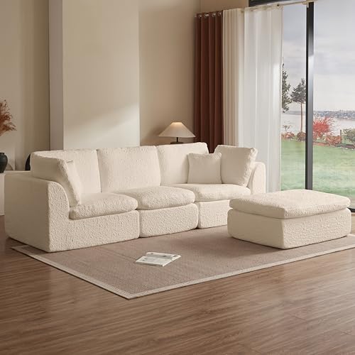 110" Cloud Sectional Couches for Living Room, Convertible L Shape Couch with Ottoman, 3 Seater Modular Sectional Sofa, Warm White Beige