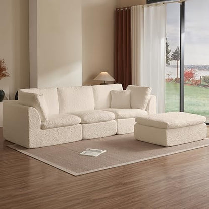 110" Cloud Sectional Couches for Living Room, Convertible L Shape Couch with Ottoman, 3 Seater Modular Sectional Sofa, Warm White Beige