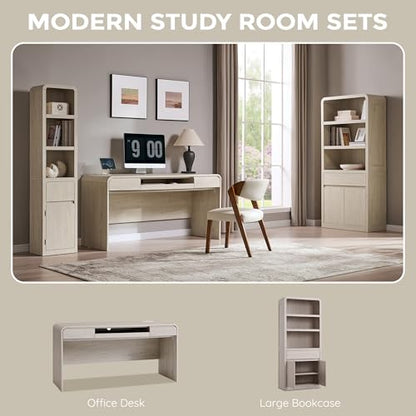 63" Modern Computer Desk with 2 Drawers, Wood Curved (Cream), view 7