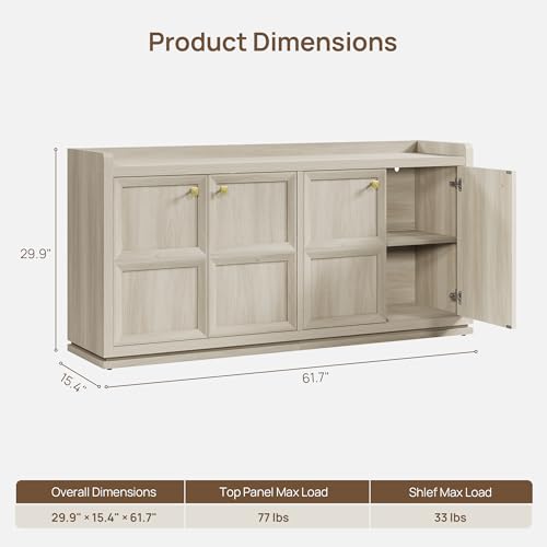 61.7" 4-Door Buffet Sideboard Cabinet Living Room, Grey White Oak, view 3