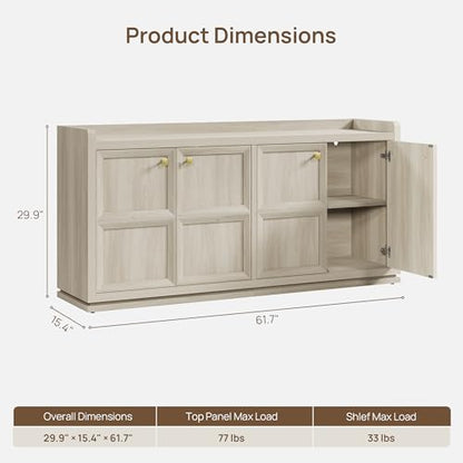 61.7" 4-Door Buffet Sideboard Cabinet Living Room, Grey White Oak, view 3