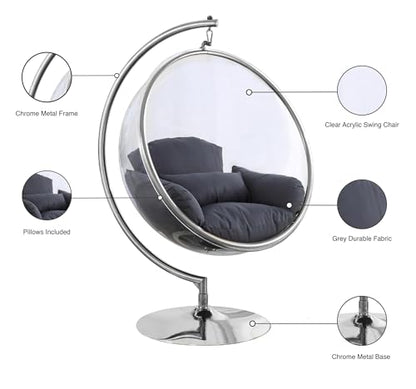 Meridian Furniture 507Grey Luna Collection Modern | Contemporary Clear Acrylic Accent Swing Chair with Durable Metal Base and Fabric Seat, Grey, Chrome Finish, 41.5" W x 29.5" D x 64" H