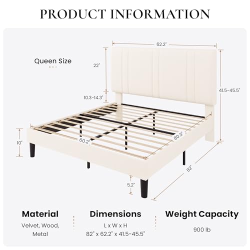 Queen Velvet Bed Frame in Cream with Adjustable Head, view 3