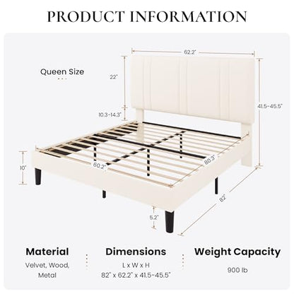 Queen Velvet Bed Frame in Cream with Adjustable Head, view 3