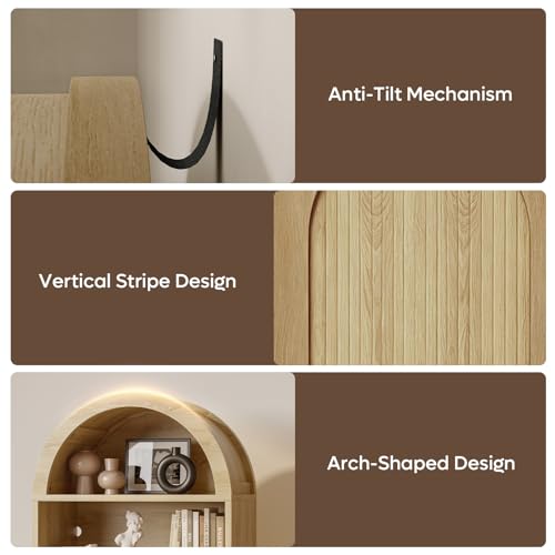 71" Tall Arched Kitchen Pantry, Arched Cabinet with Doors, Modern Farmhouse Wood Kitchen Storage Cabinets with 3-Tier Adjustable Shelves, Cupboard for Living Room, Dining Room, Kitchen, Oak