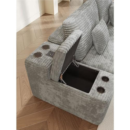 150" U-Shaped Oversized Corduroy Modular Sectional Sofa with 2 Ottomans and Multi Functional Console, 6-Seater Upholstered Couch with USB and 2 Cup Holder, Easy Assembly, for Living Room, Grey