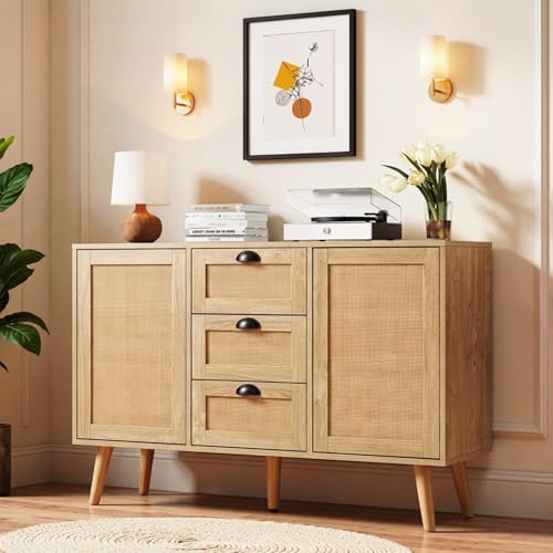47.2-Inch Rattan Sideboard Buffet, 3 Drawers, 2 Doors, Natural, view 2