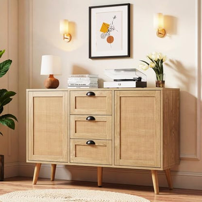 47.2-Inch Rattan Sideboard Buffet, 3 Drawers, 2 Doors, Natural, view 2